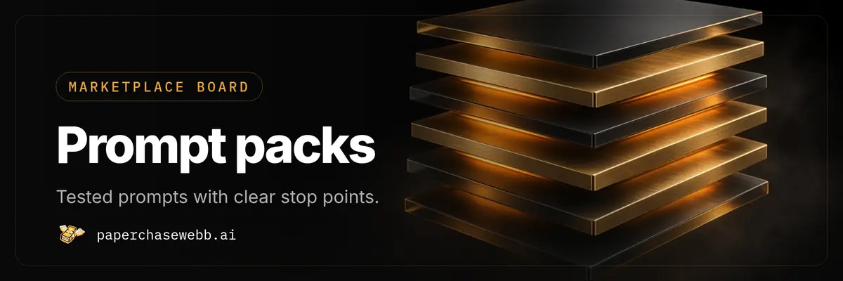Prompt packs board: Tested prompts with clear stop points.