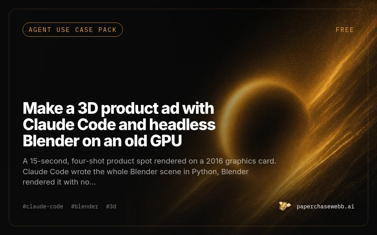Preview card for Make a 3D product ad with Claude Code and headless Blender on an old GPU