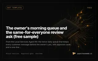 Preview card for The owner's morning queue and the same-for-everyone review ask (free sample)