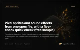 Preview card for Pixel sprites and sound effects from one spec file, with a five-check quick check (free sample)