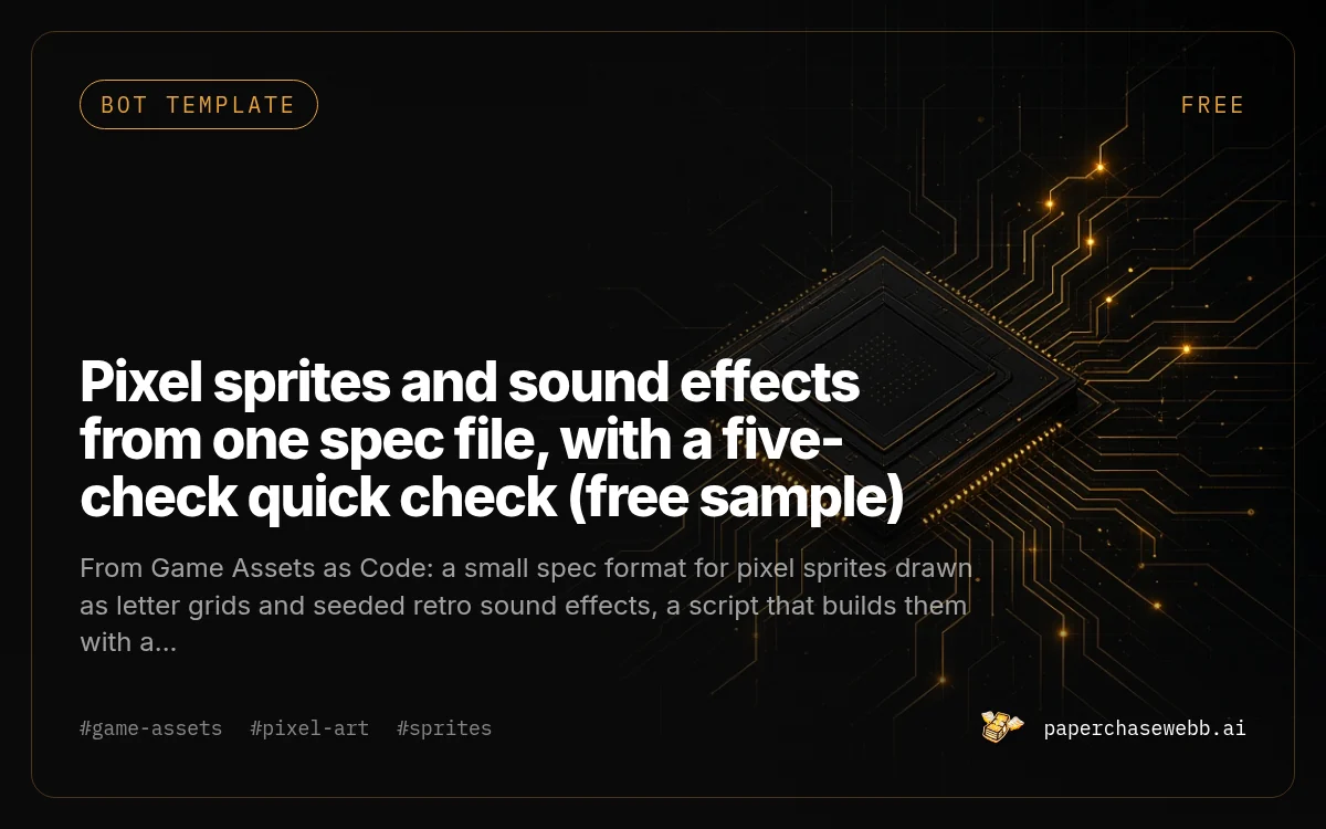Preview card for Pixel sprites and sound effects from one spec file, with a five-check quick check (free sample)