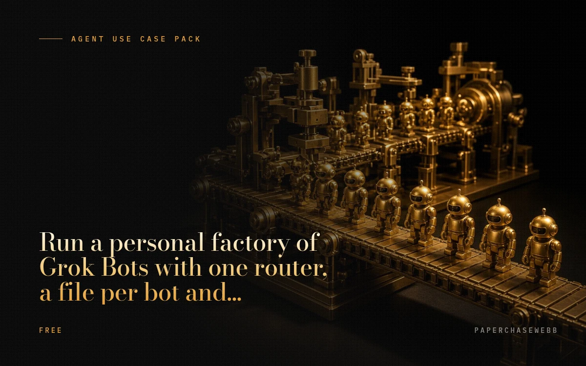 Preview card for Run a personal factory of Grok Bots with one router, a file per bot and a nightly audit
