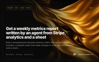 Preview card for Get a weekly metrics report written by an agent from Stripe, analytics and a sheet
